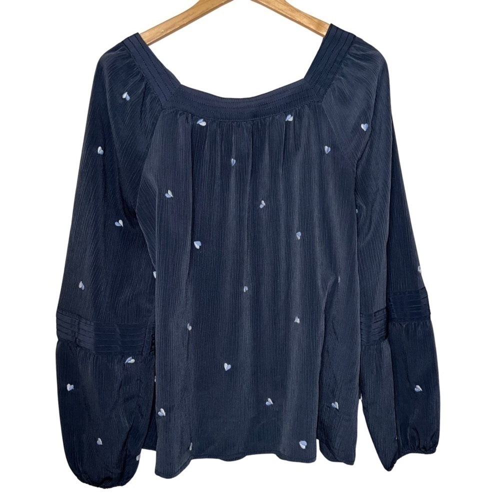 Lauren Conrad Shirred Flowy Peasant Top Hearts Bishop Sleeve Dark Gray Size XXL